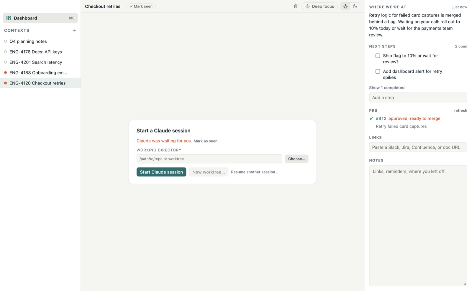 A context's focus view with the terminal, status summary, next steps, PR, and links